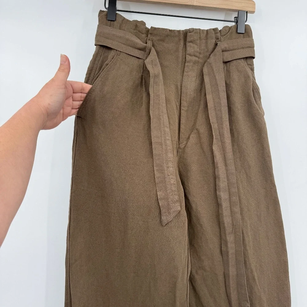 H&M Pants Women 4 Brown Wide Leg Paperbag Linen Blend Lagenlook Coastal Cropped